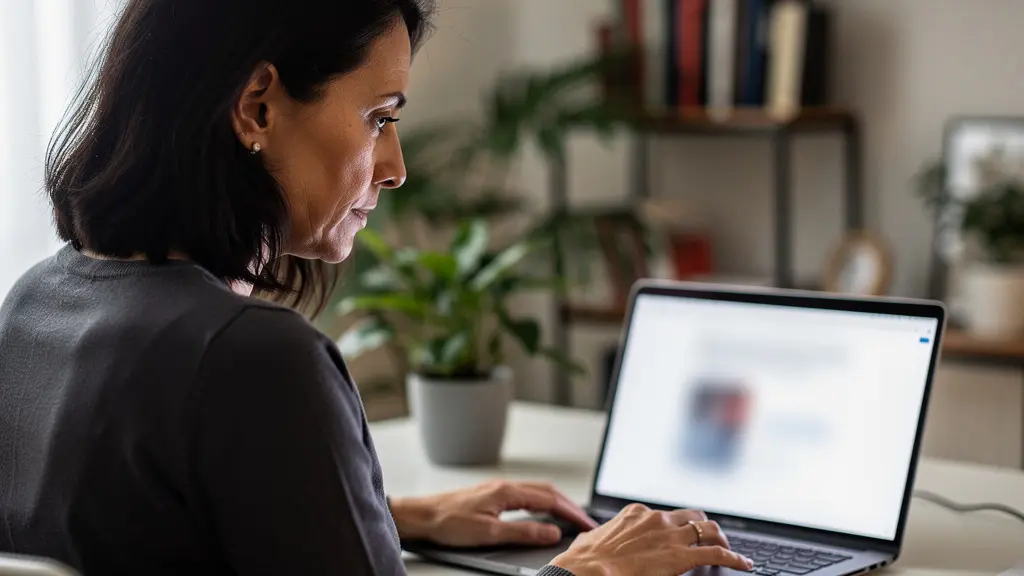 Donna italiana concentrata davanti al laptop in ufficio domestico