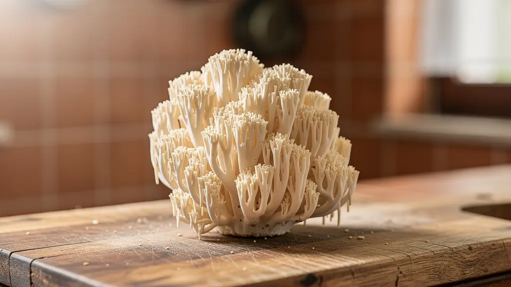 Fungo Lion's Mane fresco con texture bianca cascante su tagliere rustico