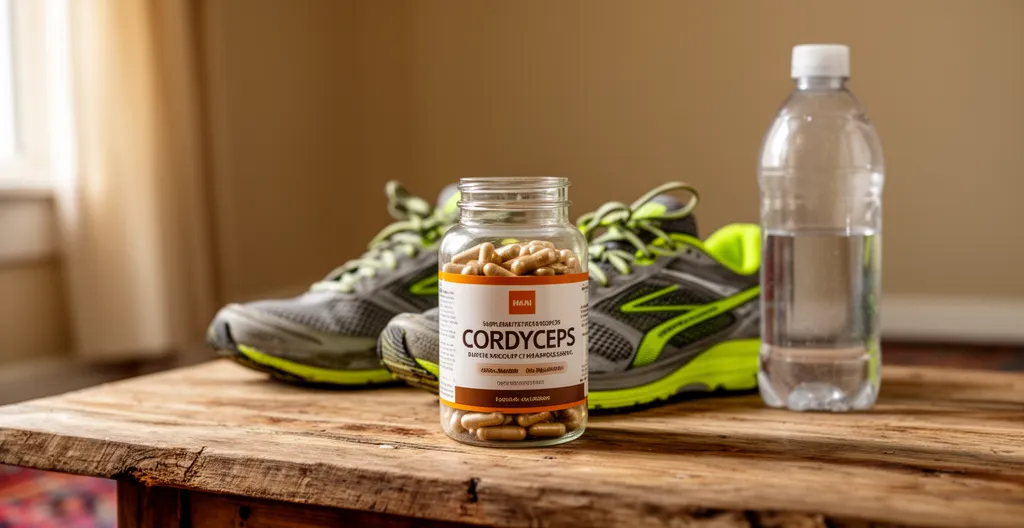 Integratore cordyceps naturale accanto a scarpe da corsa e borraccia sportiva