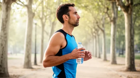 Runner italiano durante pausa idratazione allenamento mattutino cordyceps energia