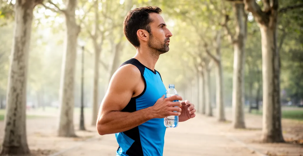 Runner italiano durante pausa idratazione allenamento mattutino cordyceps energia