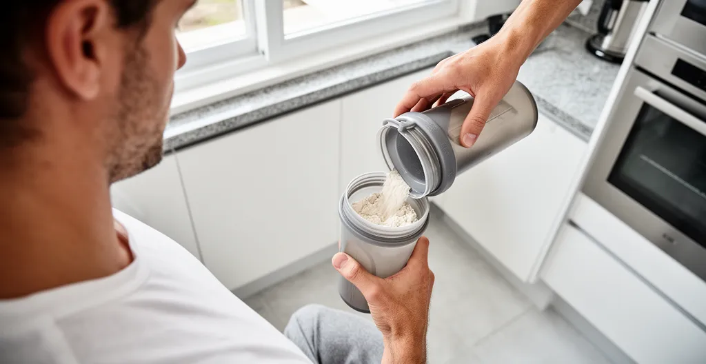 Preparazione dose mattutina integratore cordyceps in cucina domestica