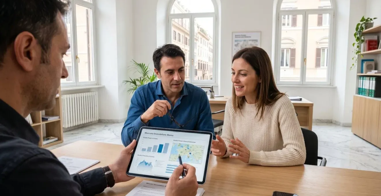 Un agente immobiliare mostra dati su tablet a una coppia di clienti in un ufficio moderno luminoso a Roma, nessuno guarda verso la fotocamera