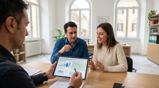 Un agente immobiliare mostra dati su tablet a una coppia di clienti in un ufficio moderno luminoso a Roma, nessuno guarda verso la fotocamera