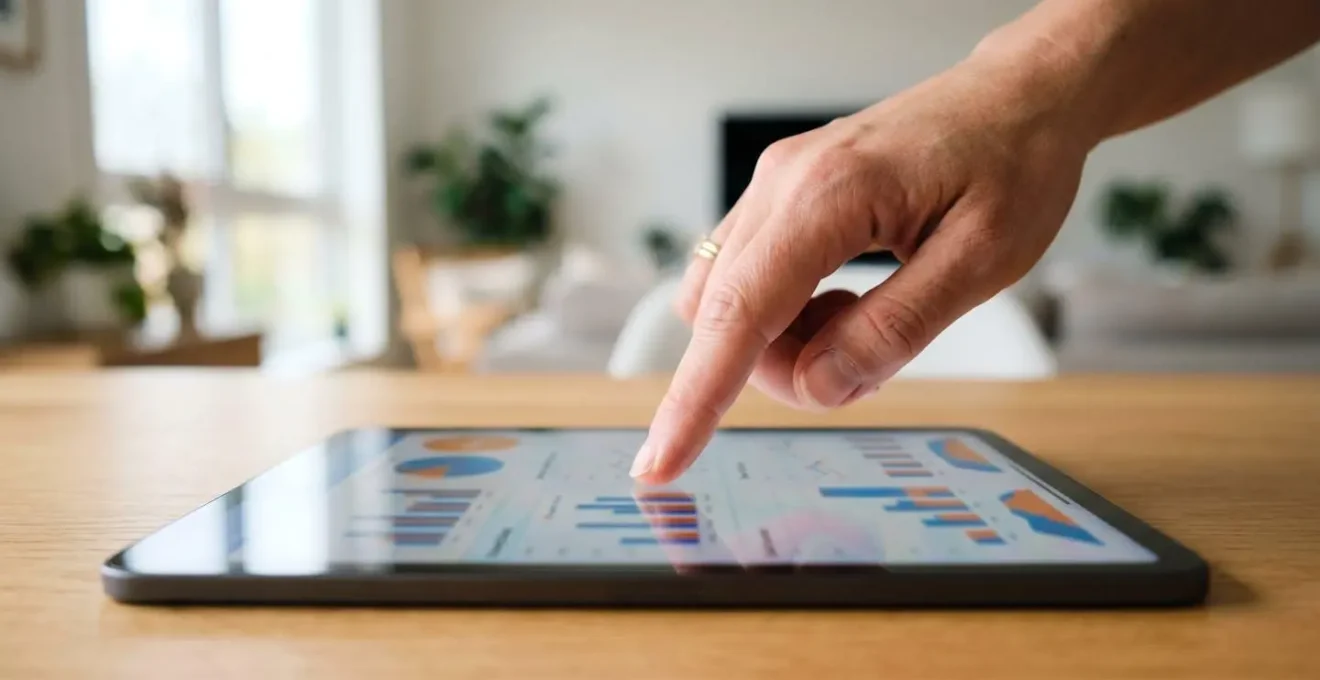 Primo piano estremo di una mano che indica dati e grafici su uno schermo di tablet moderno con contenuto leggermente sfocato