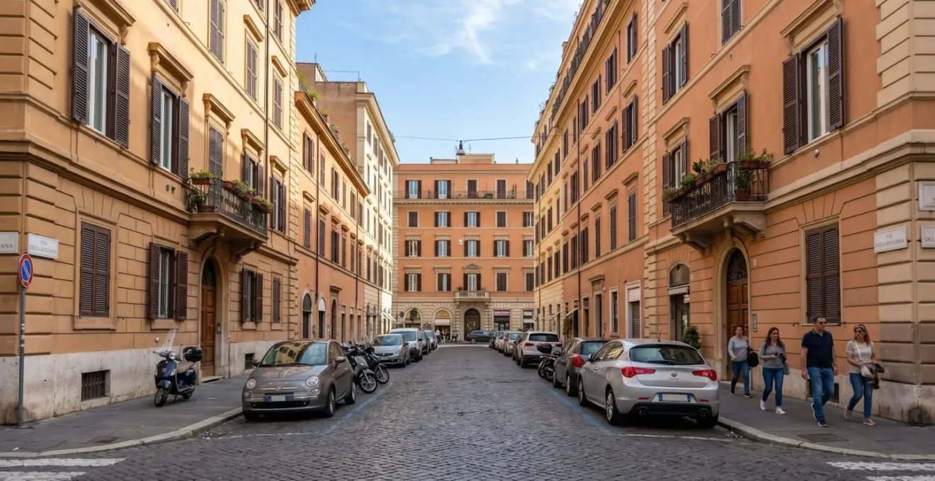 Vista grandangolare di una strada residenziale pulita nel quartiere Prati a Roma con palazzi storici ben mantenuti e luce naturale diurna