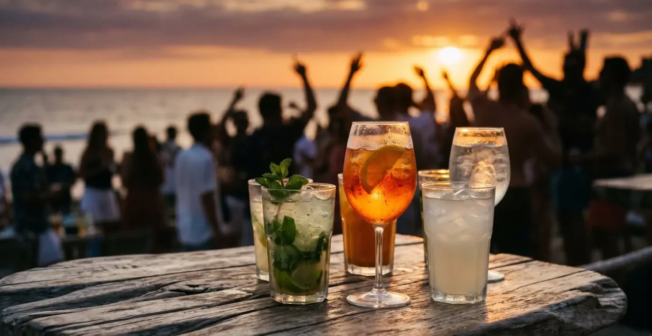 Cocktail colorati in primo piano su tavolo di legno di un beach club con silhouette di persone che festeggiano il tramonto sullo sfondo sfocato arancione