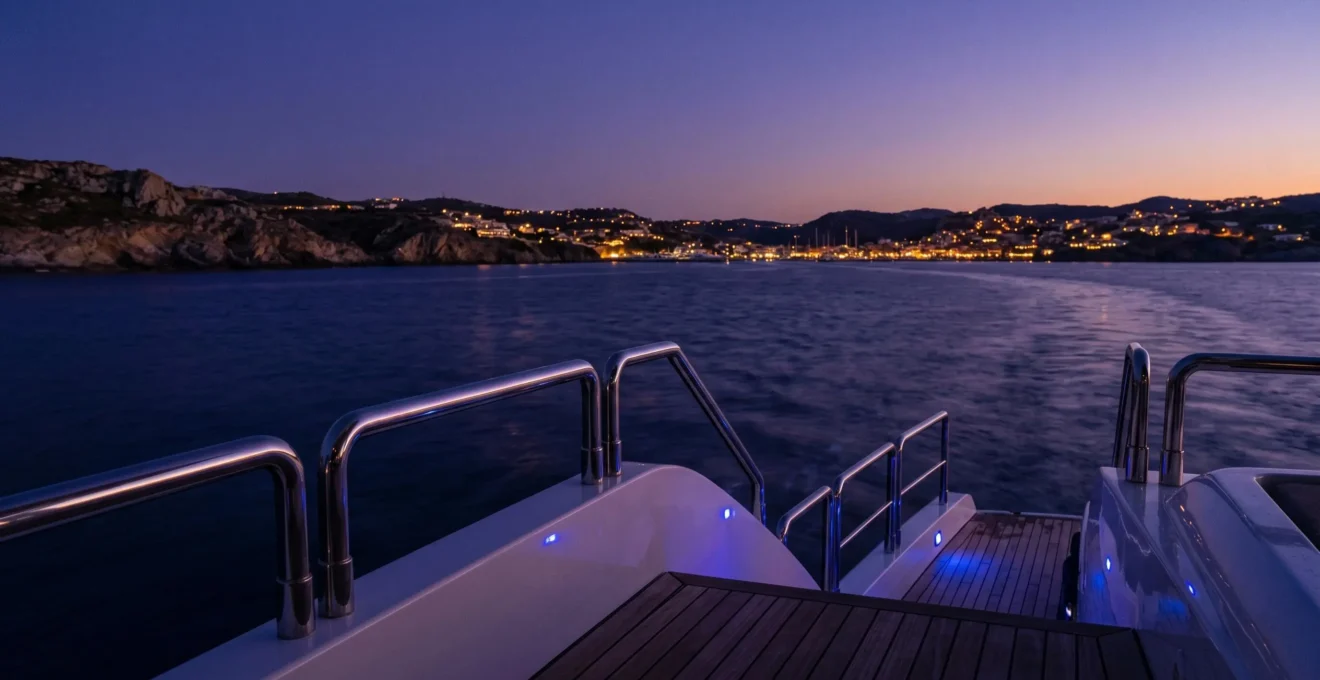 Ponte di una barca moderna al crepuscolo con ringhiera cromata in primo piano, mare blu profondo e costa di Ibiza illuminata sullo sfondo con cielo viola-indaco